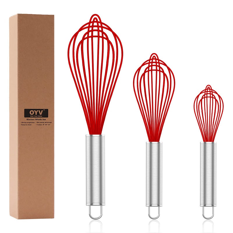 OYV Silicone Rubber Whisk,Premium Whisks For Cooking Non Scratch,Stainless Steel & Silicone Wisk For Nonstick Cookware Pans, High Heat Resistant kitchen Whisks set of 3,Red - Image 1
